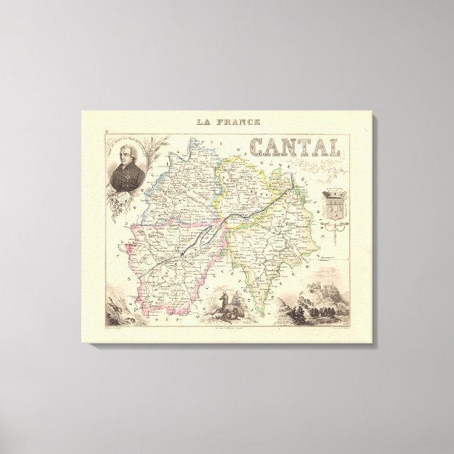 1858 Karta i Cantal Department, Frankrike Poster Canvastryck (Framsida)