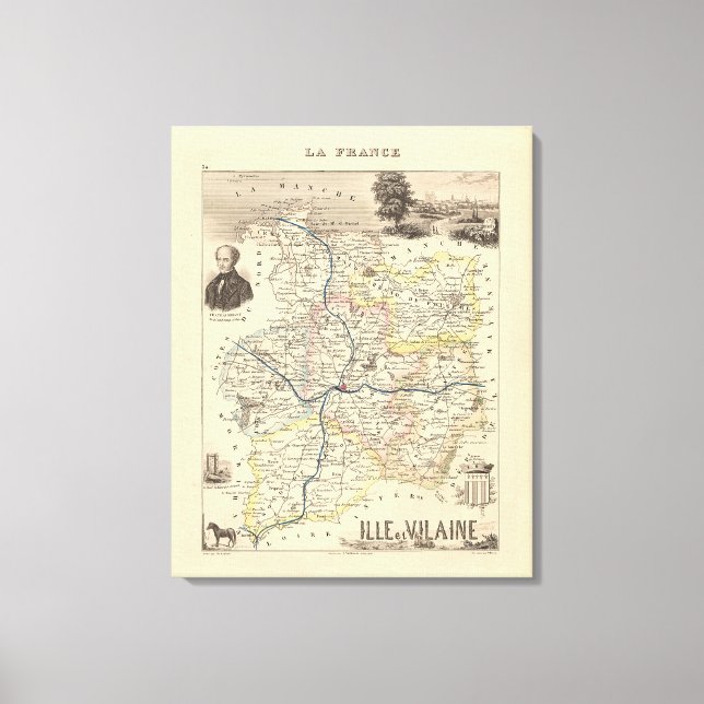 1858 Karta i Ille et Vilaine Department, Frankrike Canvastryck (Framsida)