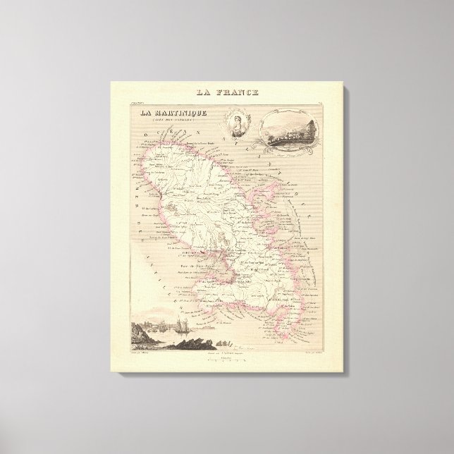 1858 Karta i Martinique Department, Frankrike Post Canvastryck (Framsida)