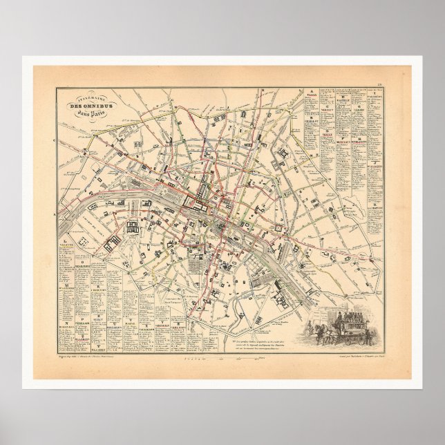 1858 Karta: Itineraire des Omnibus dans Paris Fran Poster (Framsidan)