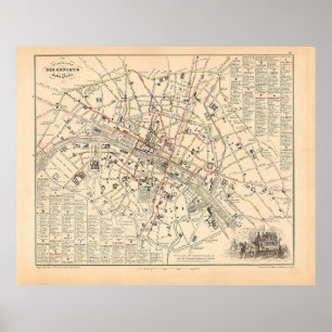 1858 Karta: Itineraire des Omnibus dans Paris Fran Poster