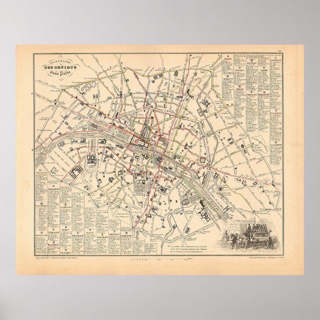 1858 Karta: Itineraire des Omnibus dans Paris Fran Poster (Framsidan)
