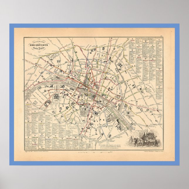 1858 Karta: Itineraire des Omnibus dans Paris Fran Poster (Framsidan)