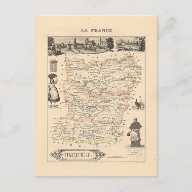 1858 Karta, Mayenne Department, Frankrike Vykort (Framsida)