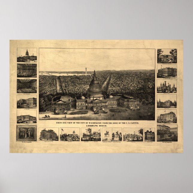 1860-90 Washington DC Birds Öga View Panoramic Kar Poster (Framsidan)
