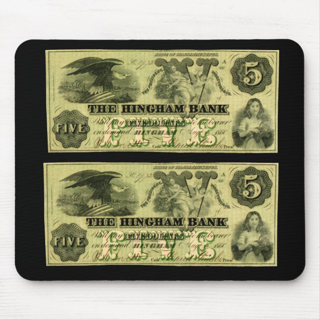 1860 Hingham Massachusetts 5 dollarnot Musmatta (Framsidan)