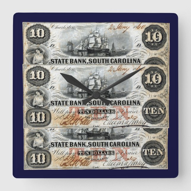 1860 South Carolina Ten Dollar Note Fyrkantig Klocka (Framsida)