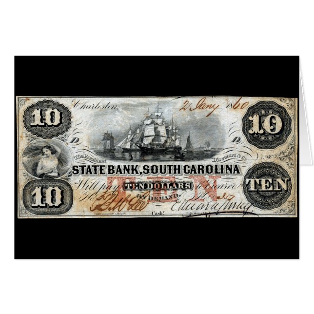 1860 South Carolina Ten Dollar Note Hälsningskort (Framsidan Horizontal)