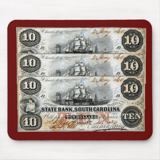 1860 South Carolina Ten Dollar Note Musmatta (Framsidan)