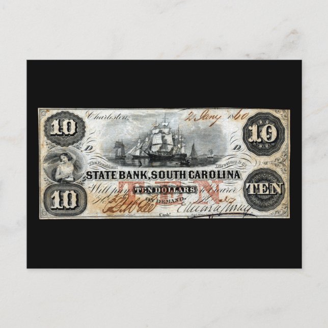 1860 South Carolina Ten Dollar Note Vykort (Framsida)