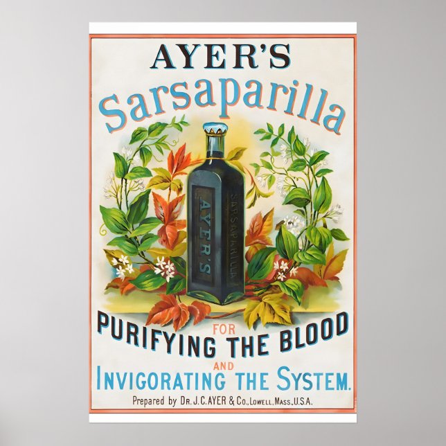 1860s Ayers Sarsaparilla - Gammal Patenterad Medic Poster (Framsidan)