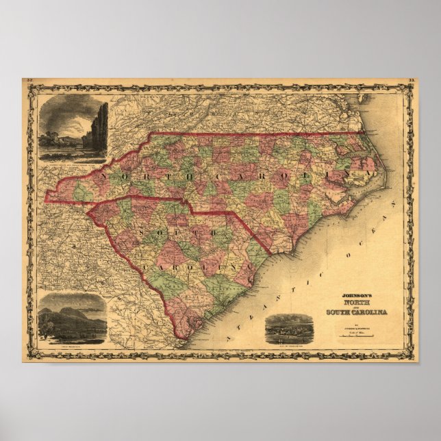 1861 North Carolina och South Carolina Karta Poster (Framsidan)