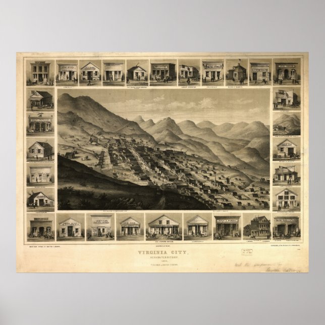 1861 Virginia City NV Birds Öga View Panoramic Kar Poster (Framsidan)