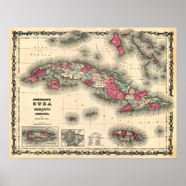 1862 Karta i KUBA, JAMAICA och PORTO RICO Poster (Framsidan)