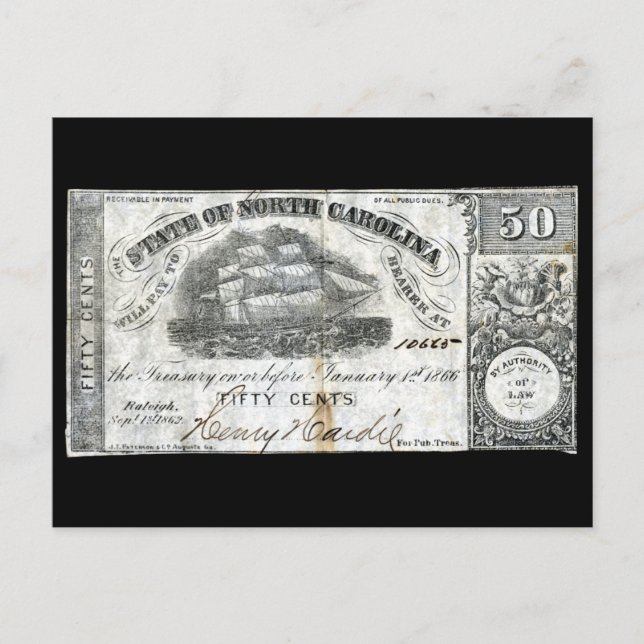 1862 North Carolina 50 Cent Note Vykort (Framsida)