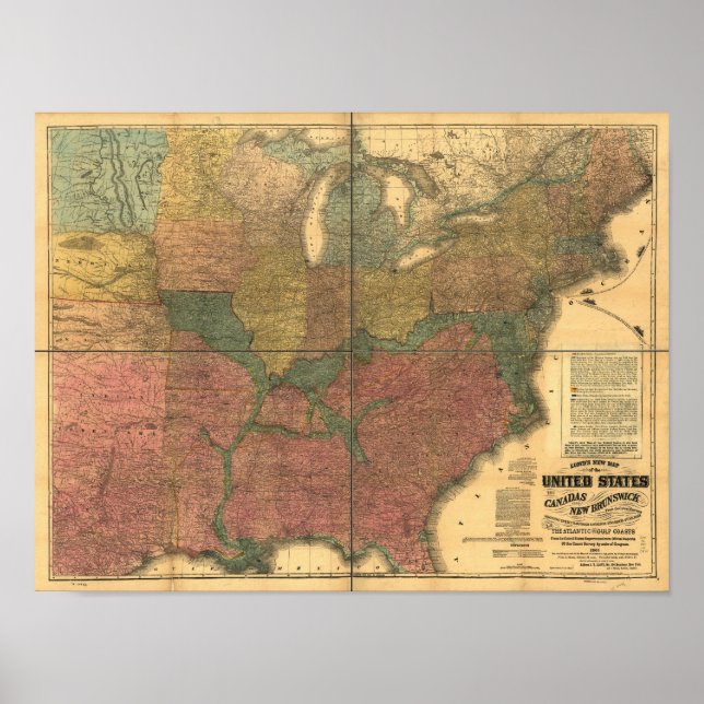 1863 Rail & Civil Krig Karta i USA och Kanada Poster (Framsidan)