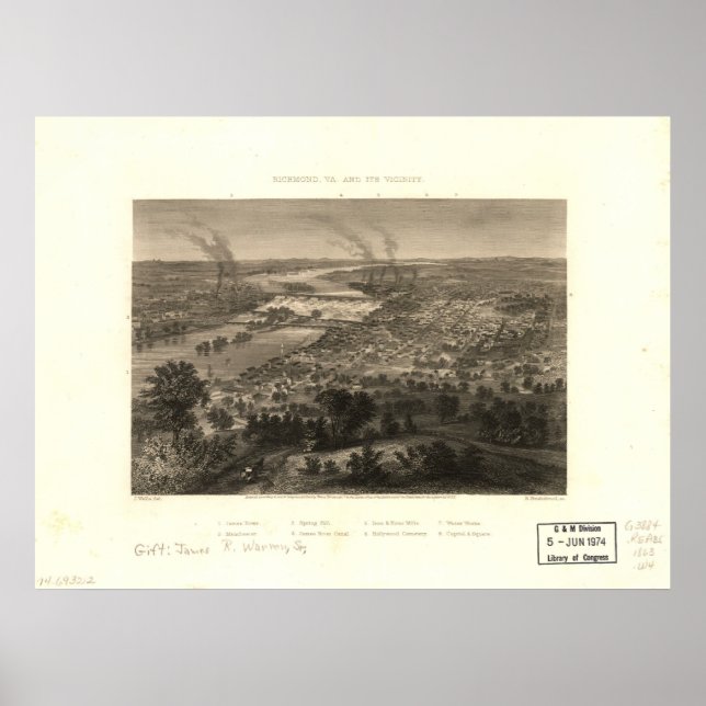 1863 Richmond, VA Bird's Öga View Panoramic Karta Poster (Framsidan)