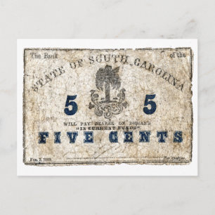 1863 South Carolina 5 Cent Note Vykort