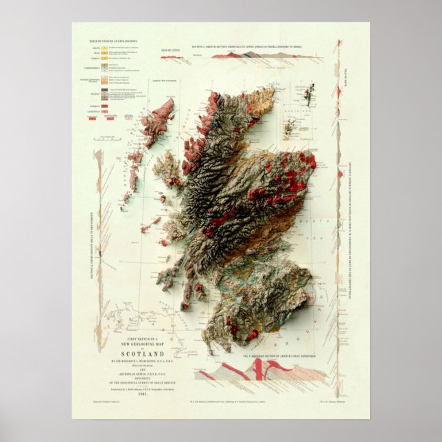 1865 Skottland Geological Karta digitallyrenderad Poster (Framsidan)