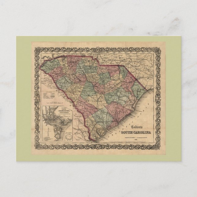 1865 South Carolina Karta Vykort (Framsida)