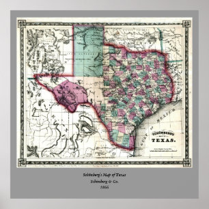 1866 Antiquarian Karta i Texas av Schönberg & Co. Poster