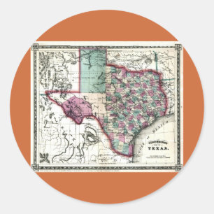 1866 Antiquarian Karta i Texas av Schönberg & Co. Runt Klistermärke