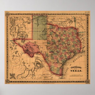 1866 Karta i Texas Poster