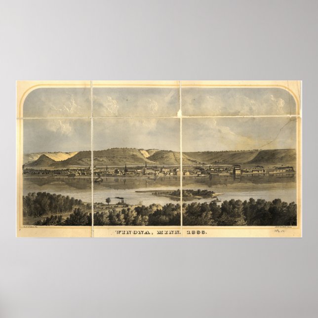 1866 Winona, MN Birds Öga View Panoramic Karta Poster (Framsidan)