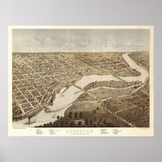 1867 Appleton, WI Birds Öga View Panoramic Karta Poster (Framsidan)