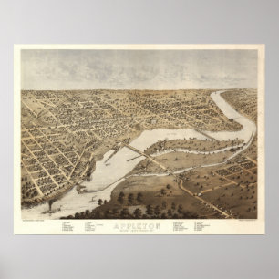 1867 Appleton, WI-fågelöga beskådar den panoram Poster