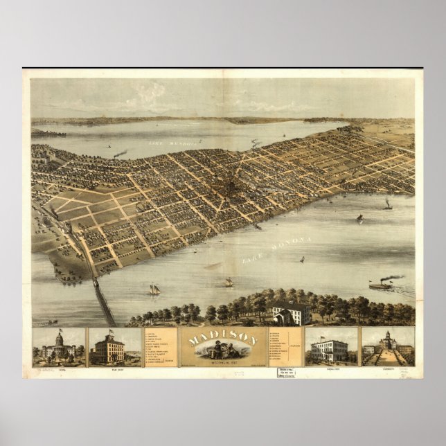 1867 Madison, WI Birds Öga View Panoramic Karta Poster (Framsidan)
