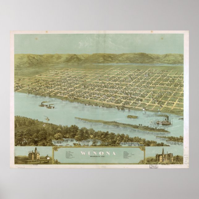 1867 Winona, MN Birds Öga View Panoramic Karta Poster (Framsidan)
