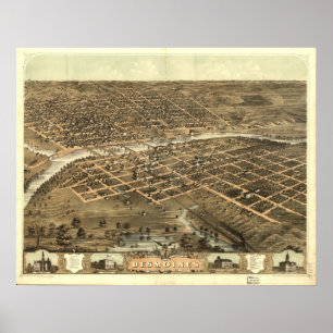 1868 Des Moines, IA Birds Öga View Panoramic Karta Poster