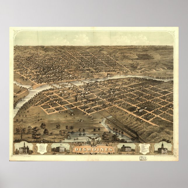 1868 Des Moines, IA Birds Öga View Panoramic Karta Poster (Framsidan)