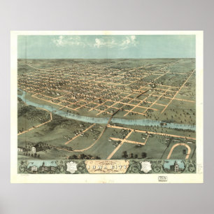 1868 Iowa City, IA Birds Öga View Panoramic Karta Poster