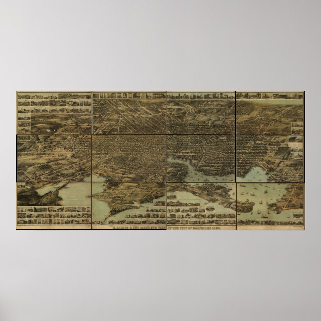 1869 Baltimore, MD Birds Öga View Panoramic Karta Poster (Framsidan)