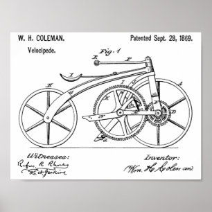 1869 Chainless Bicycle Patent Art Teckning Skriv u Poster