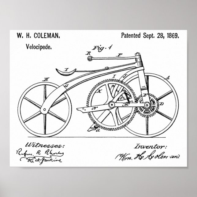 1869 Chainless Bicycle Patent Art Teckning Skriv u Poster (Framsidan)