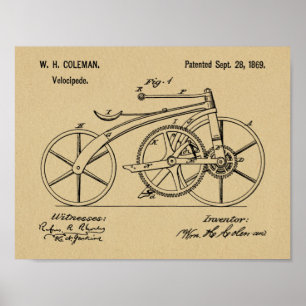 1869 Chainless Bicycle Patent Art Teckning Skriv u Poster