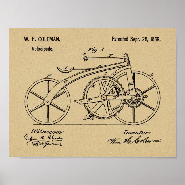 1869 Chainless Bicycle Patent Art Teckning Skriv u Poster (Framsidan)