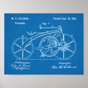1869 Chainless Bicycle Patent Art Teckning Skriv u Poster