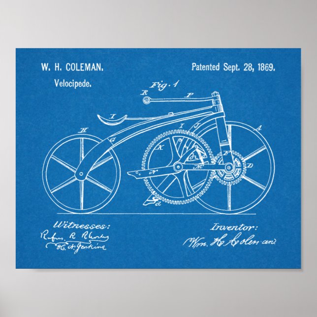 1869 Chainless Bicycle Patent Art Teckning Skriv u Poster (Framsidan)