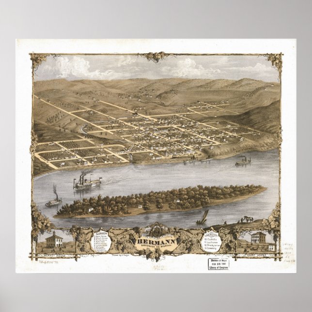 1869 Hermann, MO Birds Öga View Panoramic Karta Poster (Framsidan)