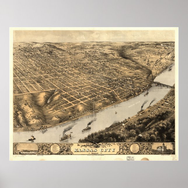 1869 Kansas City, MO Birds Öga View Panoramic Kart Poster (Framsidan)