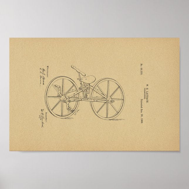 1869 Vintage Bicycle Velocipede Patent Art Print Poster (Framsidan)
