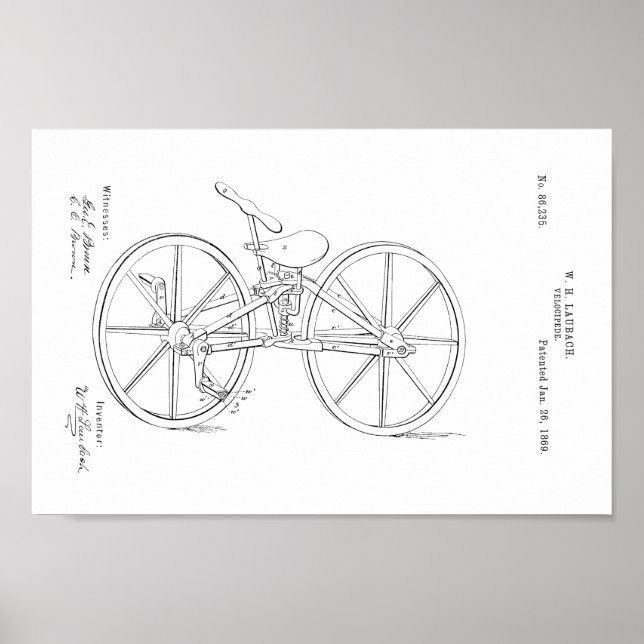1869 Vintage Bicycle Velocipede Patent Art Print Poster (Framsidan)