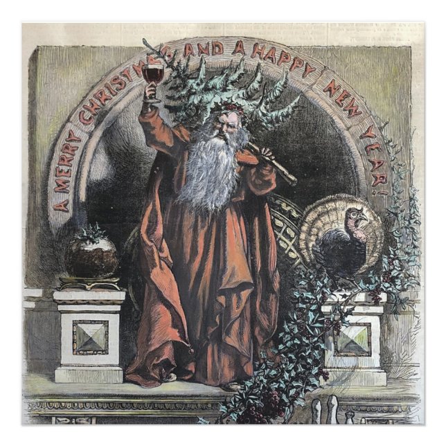 1870 A God jul Hand Färgad Jultomten Fototryck (Framsidan)