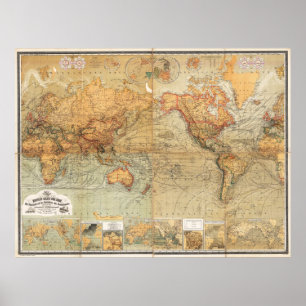 1870 Baur och Bromme World Map Mercator Projection Poster
