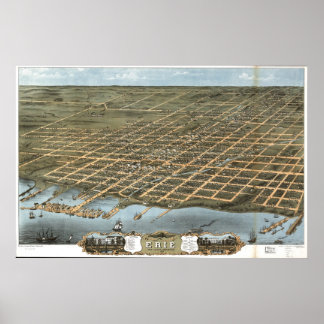 1870 Erie, PA Birds Öga View Panoramic Karta Poster