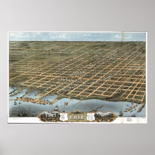 1870 Erie, PA Birds Öga View Panoramic Karta Poster (Framsidan)